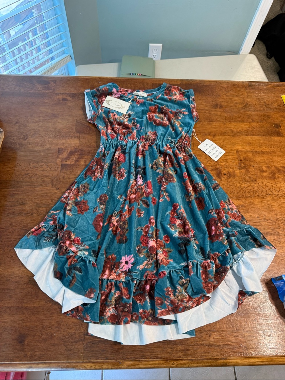 Joyfolie NWT Girls Amoura Dress Aegean Ikat Teal Floral Velvet High-Low Size 10